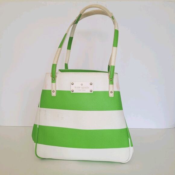 kate spade Handbags - Kate Spade Tote Purse White Lime Green Stripped Saffiano Leather Shoulder Bag